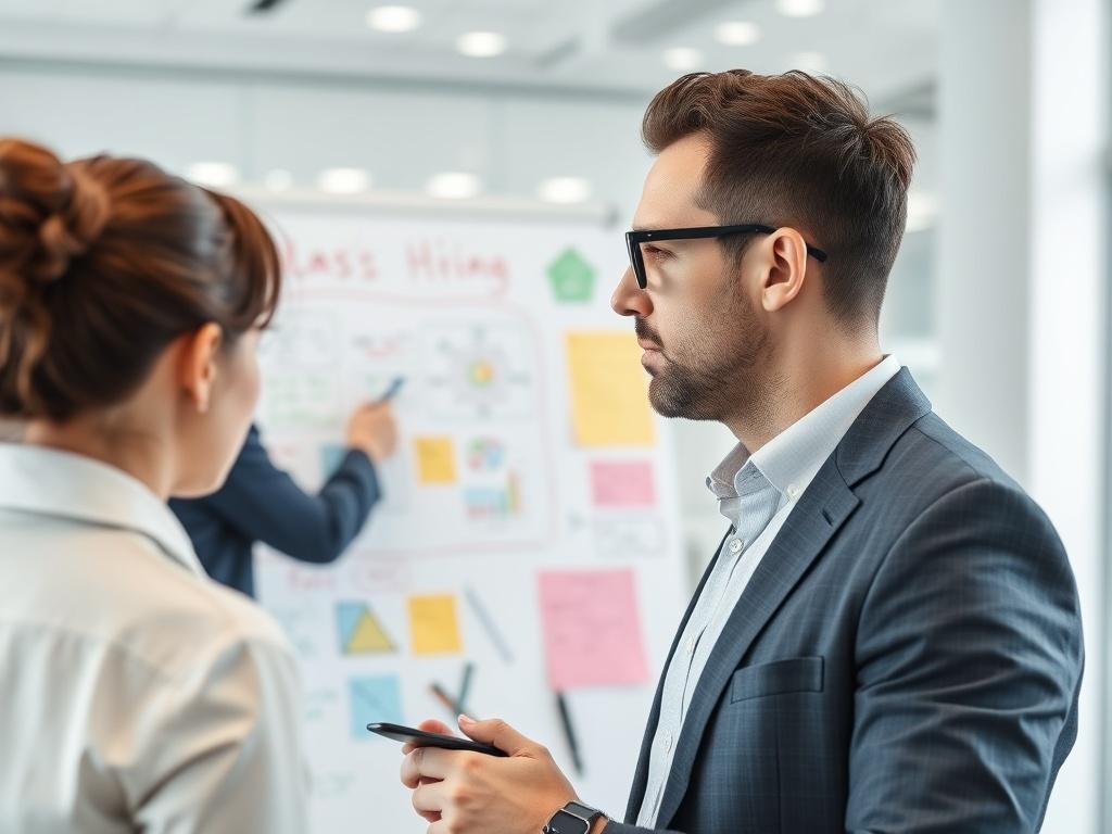 A high-resolution image showing a professional consultant brainstorming project concepts on a whiteboard, with colorful diagrams and notes. The scene should focus on the consultant, capturing their thoughtful expressions and engaged demeanor, against a bright, modern office background.