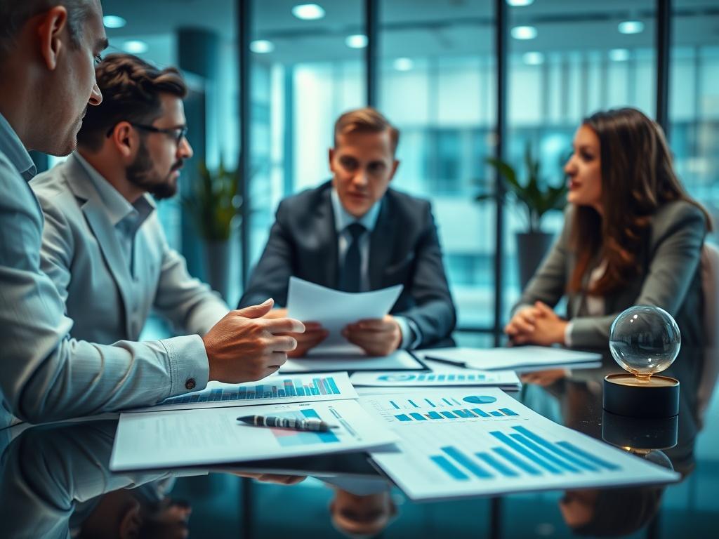 A close-up shot of a financial consultant discussing project financing options with a client, with financial reports and graphs on the table, in a modern office.