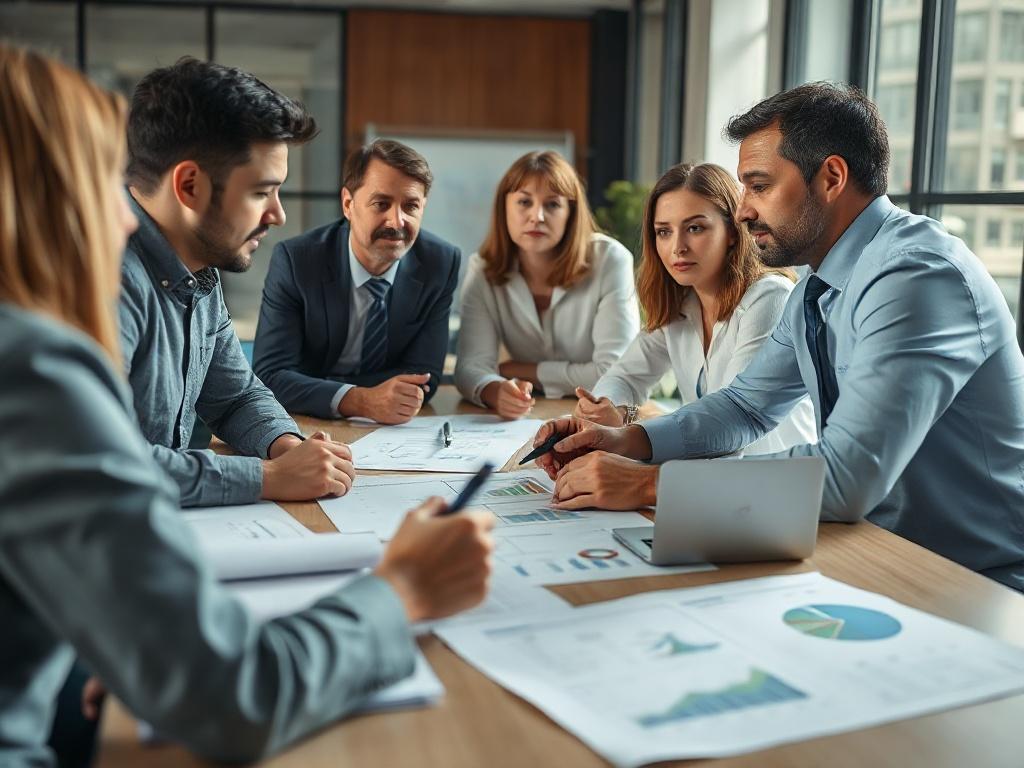 A close-up shot of a team of consultants brainstorming over a project concept, with charts and documents spread out on a table, in a modern office environment, soft natural lighting.