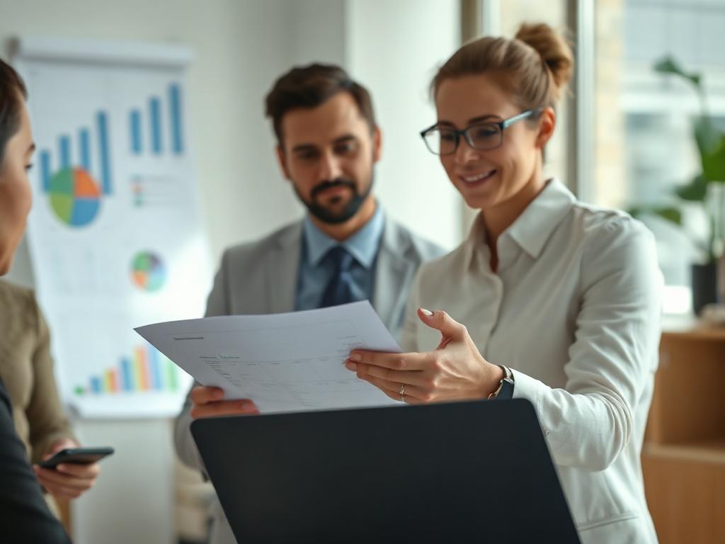 A close-up shot of a professional consultant presenting a business plan on a laptop to a client in a bright office setting, with visual aids and charts on display.