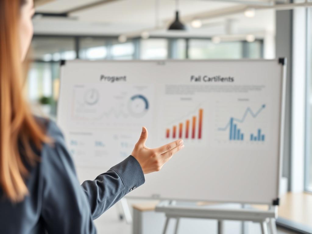 A high-resolution image of a business consultant presenting a project concept on a whiteboard in a modern office setting. The scene should have a professional atmosphere with a focus on the consultant and whiteboard, showcasing graphs and ideas. The background should be blurred to keep the attention on the consultant and presentation.