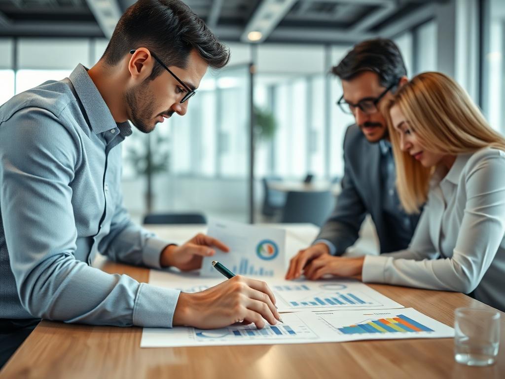 A high-resolution image showing a team of business professionals collaborating on a business plan with charts and graphs on a table. The image should convey a sense of teamwork and strategic planning, with a modern office background to emphasize professionalism.