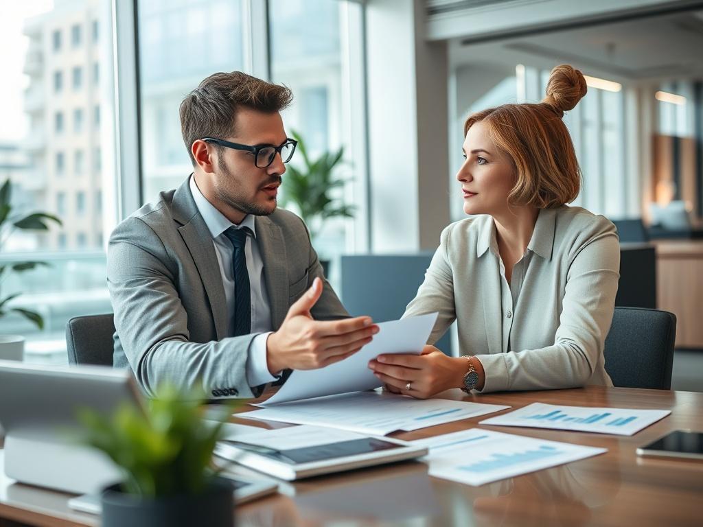 A high-resolution image depicting a financial advisor discussing funding options with a client in a modern office environment. The focus should be on the advisor, with financial documents and charts on the table to illustrate the funding discussion.
