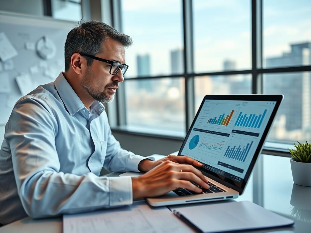 A close-up shot of a professional consultant analyzing data and preparing a business plan in a modern office environment. The consultant is focused on a laptop screen displaying graphs and charts. The background features a whiteboard with brainstorming notes and a view of the city through large windows. The image conveys a sense of productivity and clarity, with a color palette that reflects the primary color rgb(50, 170, 39).