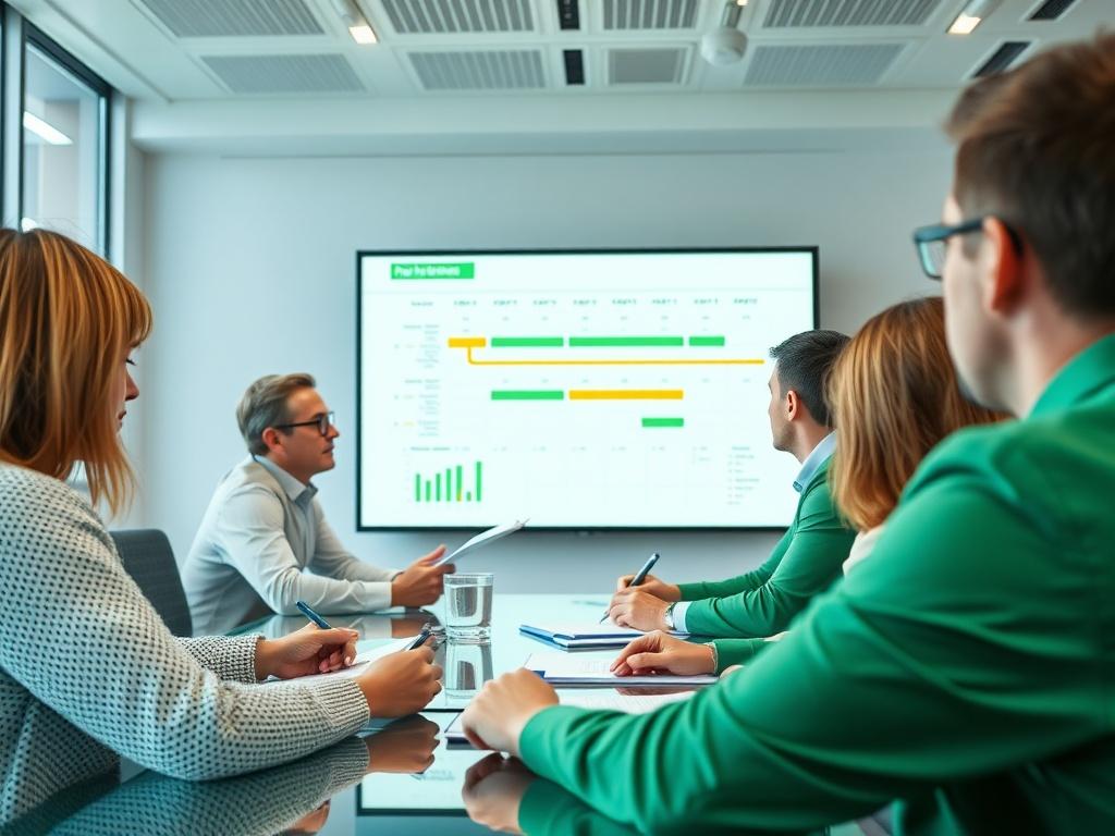 A close-up shot of a project manager leading a team meeting to discuss project management strategies. The setting is a well-lit modern conference room with a large screen displaying project timelines and milestones. The team members are engaged and taking notes, with a focus on collaboration and teamwork. The color palette incorporates shades of green, echoing the primary color rgb(50, 170, 39).