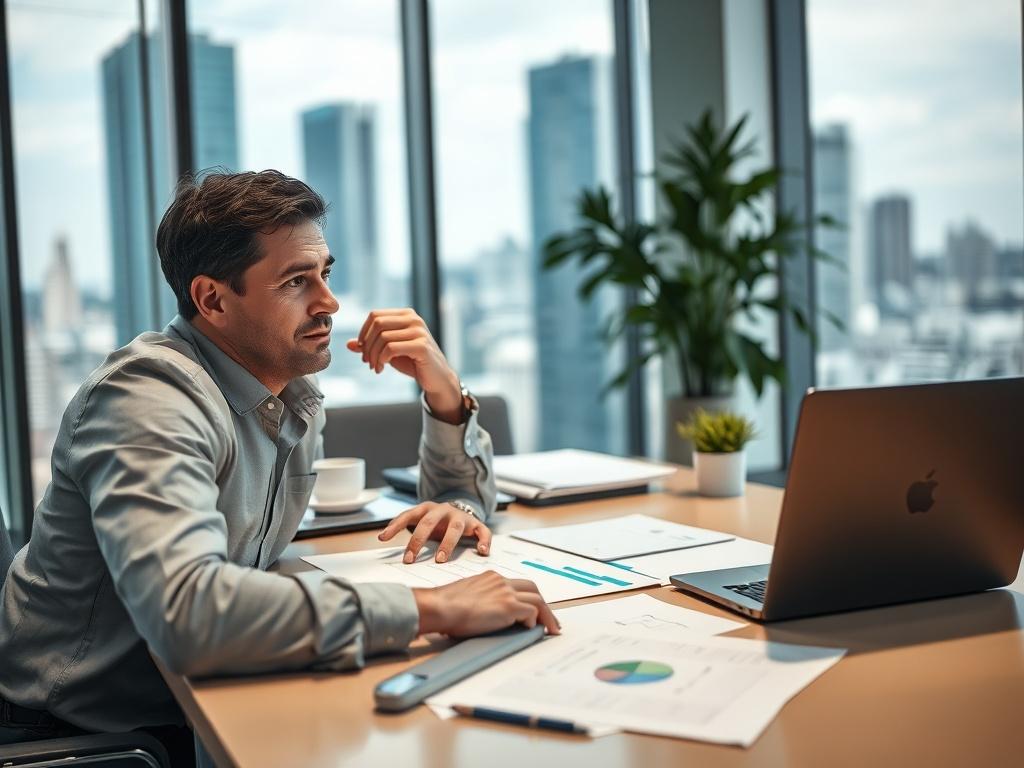 A close-up shot of a professional consultant working on a project concept in a modern office setting. The consultant is seated at a desk with a laptop open, surrounded by notes and diagrams. The background shows a bright and organized workspace with a view of the city skyline through large windows. The focus is on the consultant's thoughtful expression as they brainstorm ideas, with a color palette that includes shades of green, reflecting the primary color rgb(50, 170, 39).