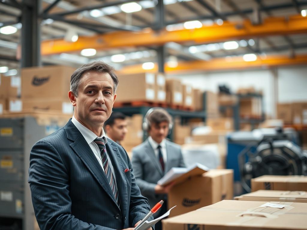 A realistic high-resolution photo showing a logistics operation involving foreign economic activity. The composition includes a professional overseeing the purchasing of equipment, with boxes and machinery in the background. The focus should be on the person in a business suit, engaged in discussion with colleagues. The setting should convey a sense of efficiency and professionalism, with clear, organized surroundings. The image should be vibrant, highlighting an atmosphere of collaboration and successful o