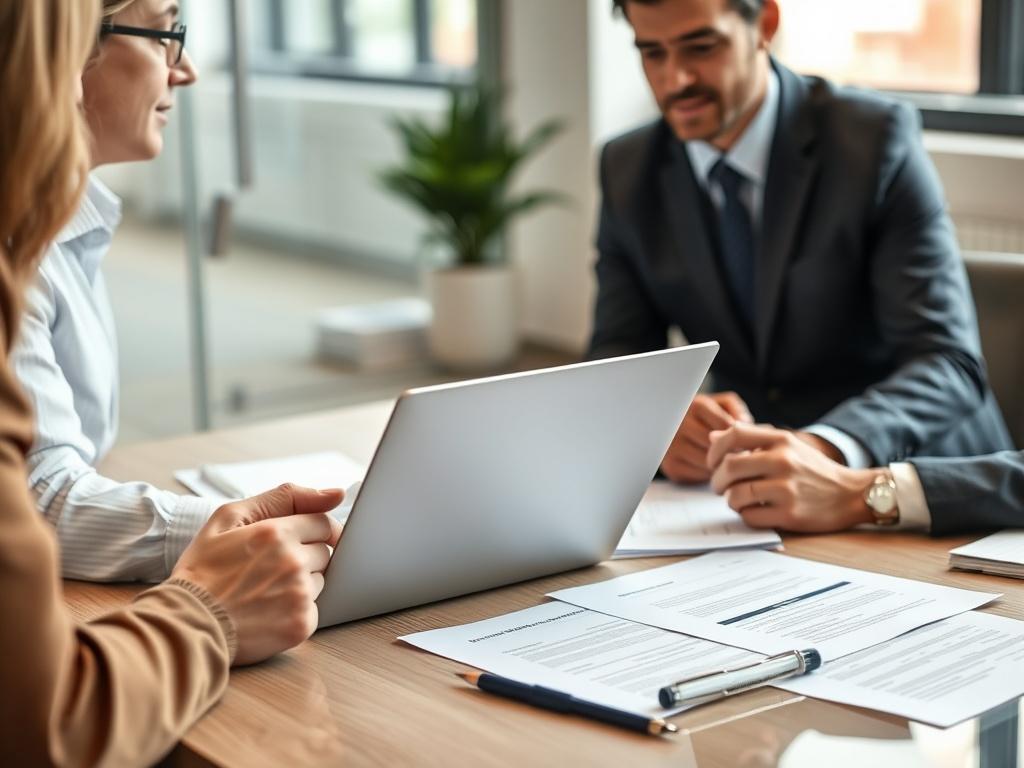 A close-up shot of a professional consultant discussing a business plan with a client in an office setting, with a laptop and documents on the table, hyper-realistic style.