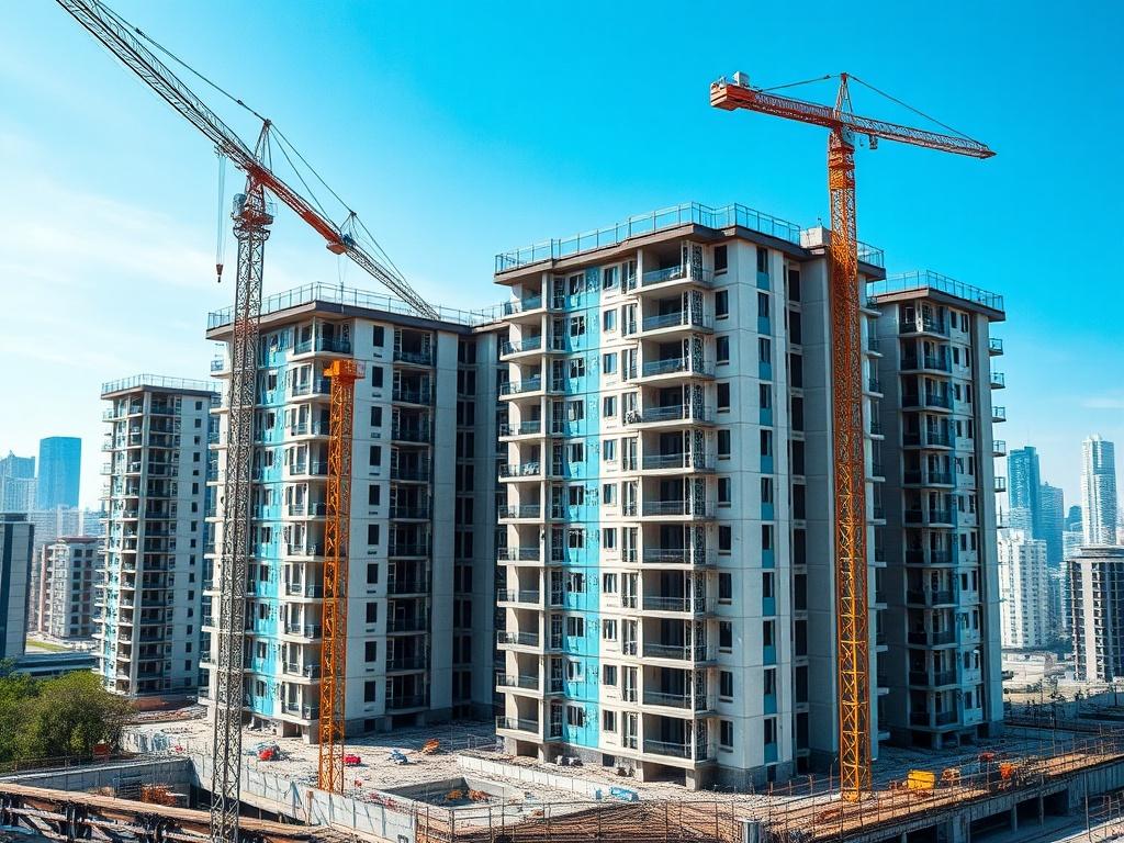 A hyper-realistic image of a construction site with cranes and workers, showcasing the development of a residential complex, with a clear blue sky and modern city background.