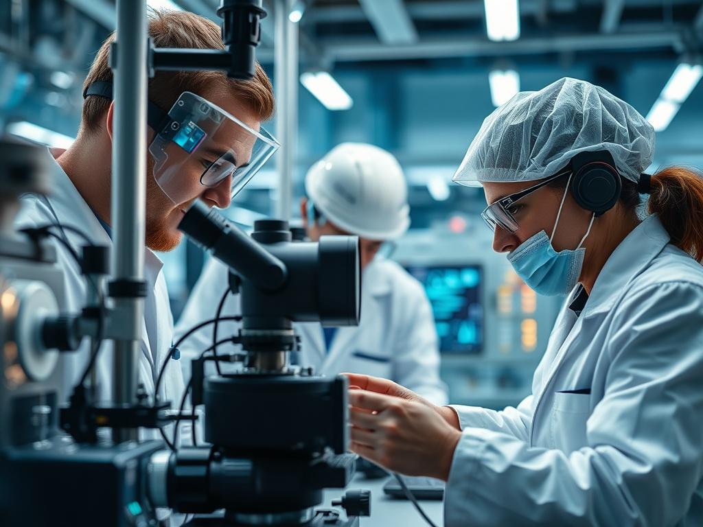 A close-up image of advanced industrial equipment being analyzed by engineers in a modern laboratory, showcasing innovation and technology.