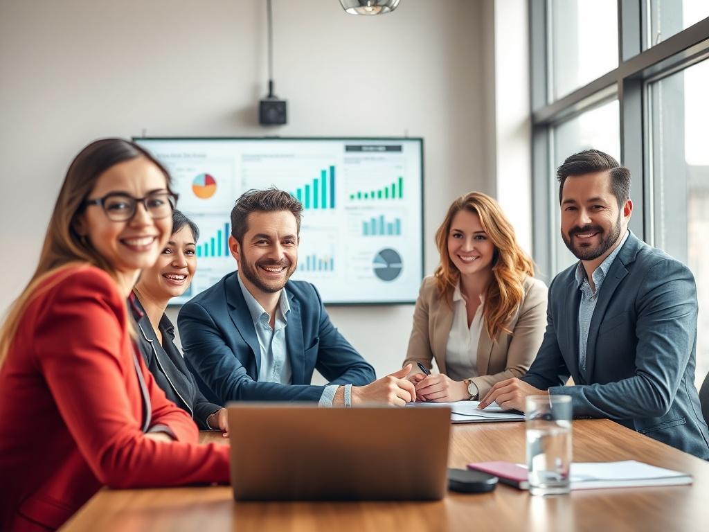 A close-up shot of a professional consulting session, featuring a diverse group of business professionals discussing project concepts around a modern conference table. The setting should be bright and airy, with a large window allowing natural light to flood the room. There are charts and graphs on a screen in the background, illustrating project concepts. The focus should be on the expressions of collaboration and brainstorming among the participants.
