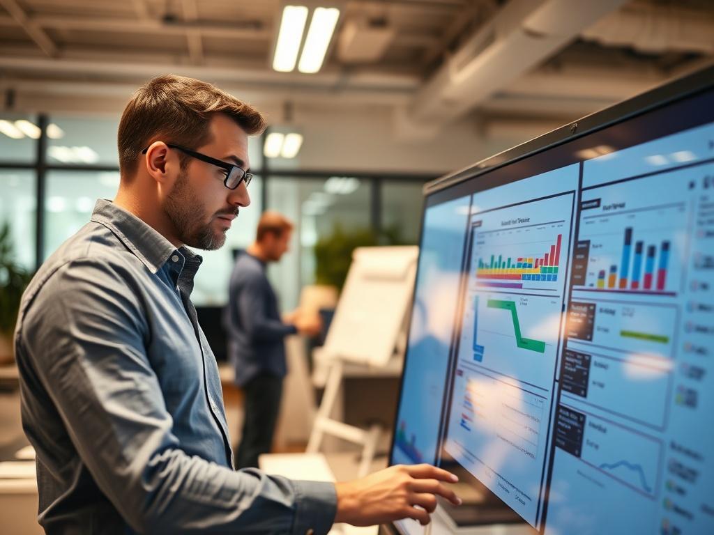 A focused shot of a project manager analyzing project timelines on a digital board, with team members collaborating in the background, in a vibrant office environment, captured with a 45mm f/1.2 lens.