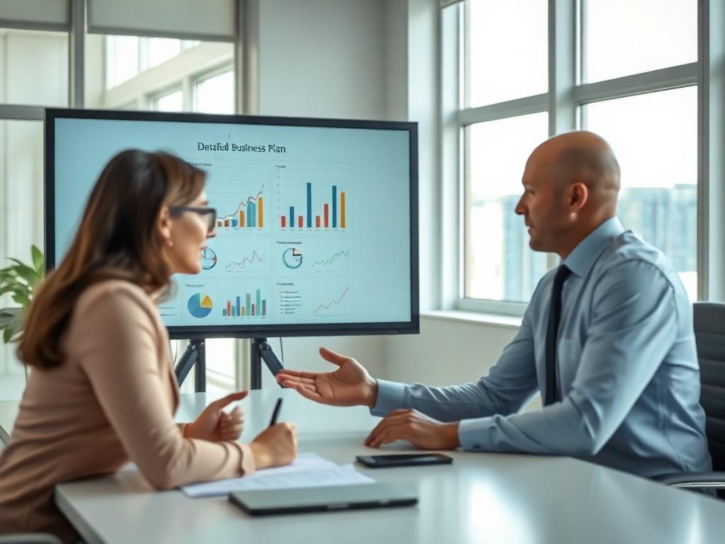 A realistic depiction of a business consultant presenting a detailed business plan to a client, with graphs and charts illustrated on a screen, in a bright conference room, captured with a 45mm f/1.2 lens.