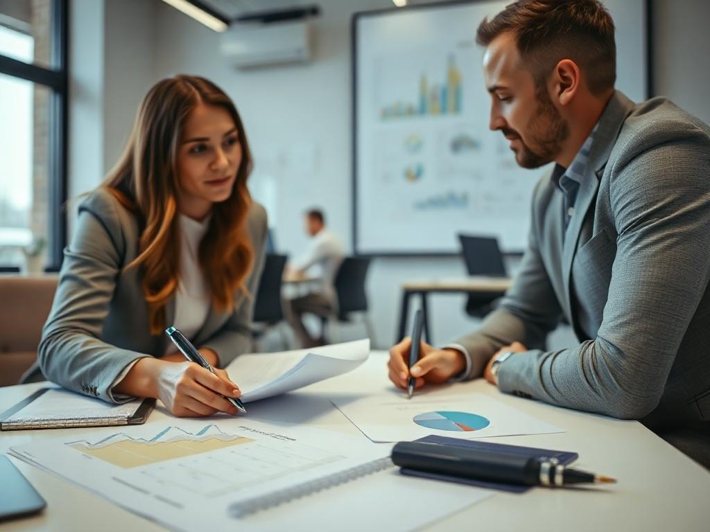 A close-up shot of a professional consultant working with a client on project concepts, with documents and charts spread across a table, in a modern office setting, bright and organized, captured with a 45mm f/1.2 lens.