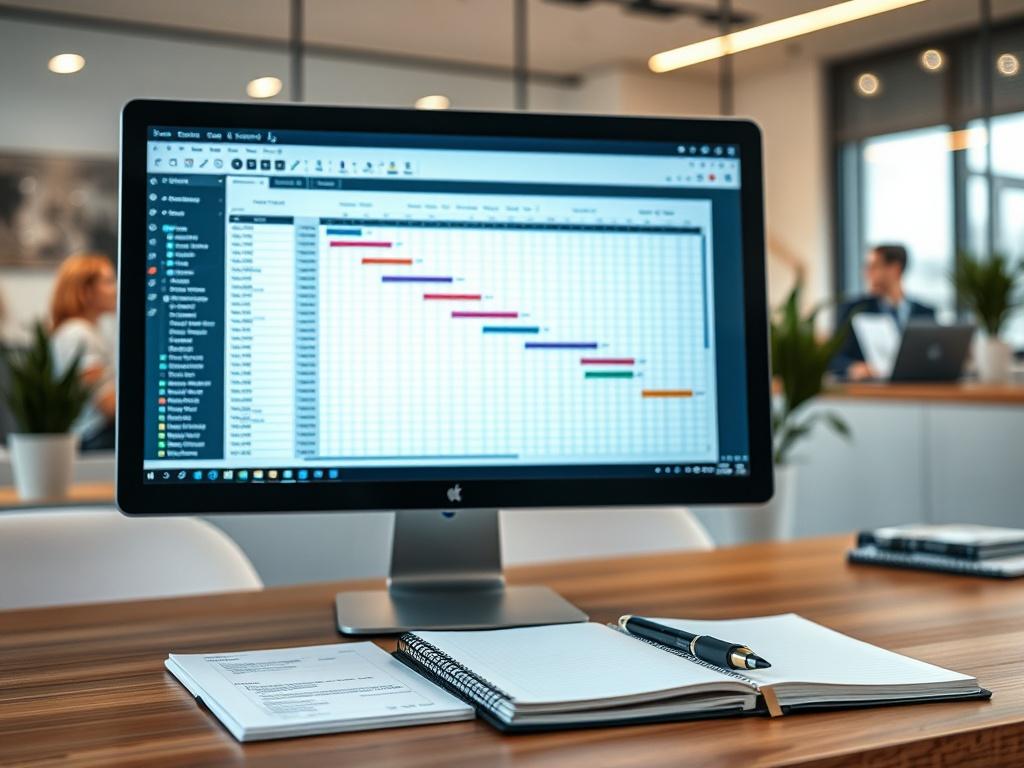 Create a realistic high-resolution photo of a Gantt chart displayed on a computer screen, with a close-up view of the chart showing various project phases, tasks, and timelines. The background should be a modern office setting with soft lighting to emphasize the focus on the Gantt chart. Include a notebook and pen on the desk to suggest project planning and organization.