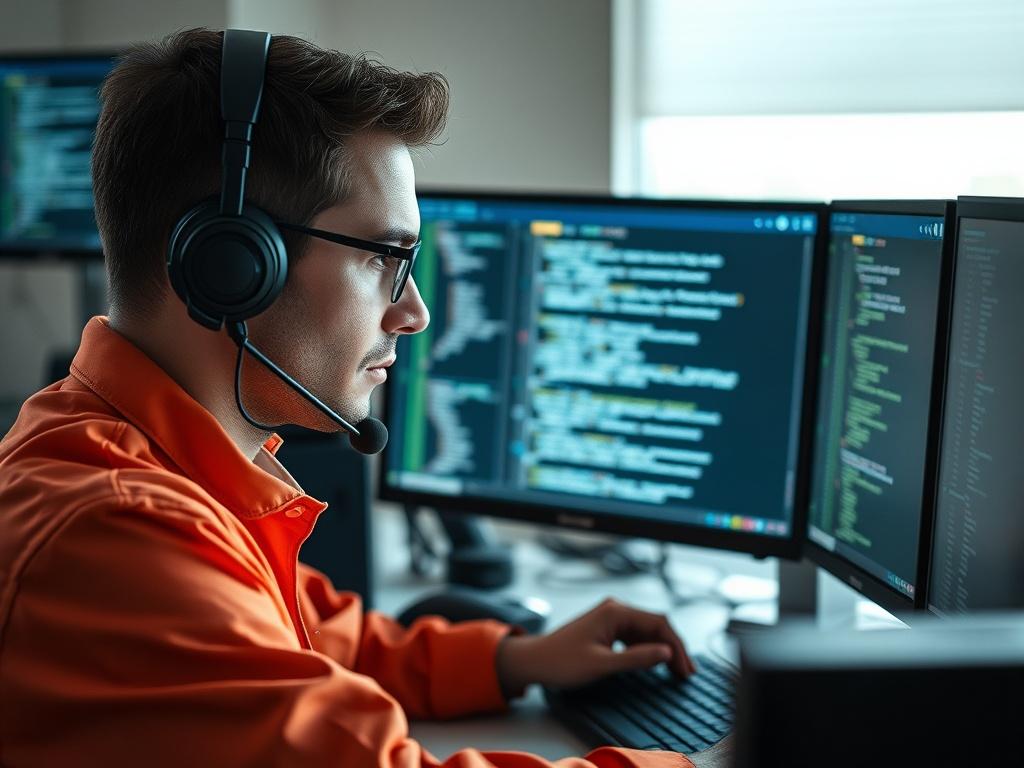 A hyper realistic close up shot of a support technician