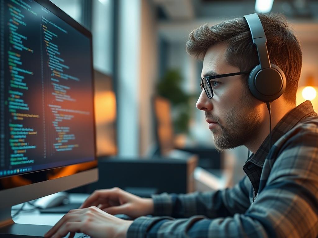 A hyper realistic close up shot of a software developer