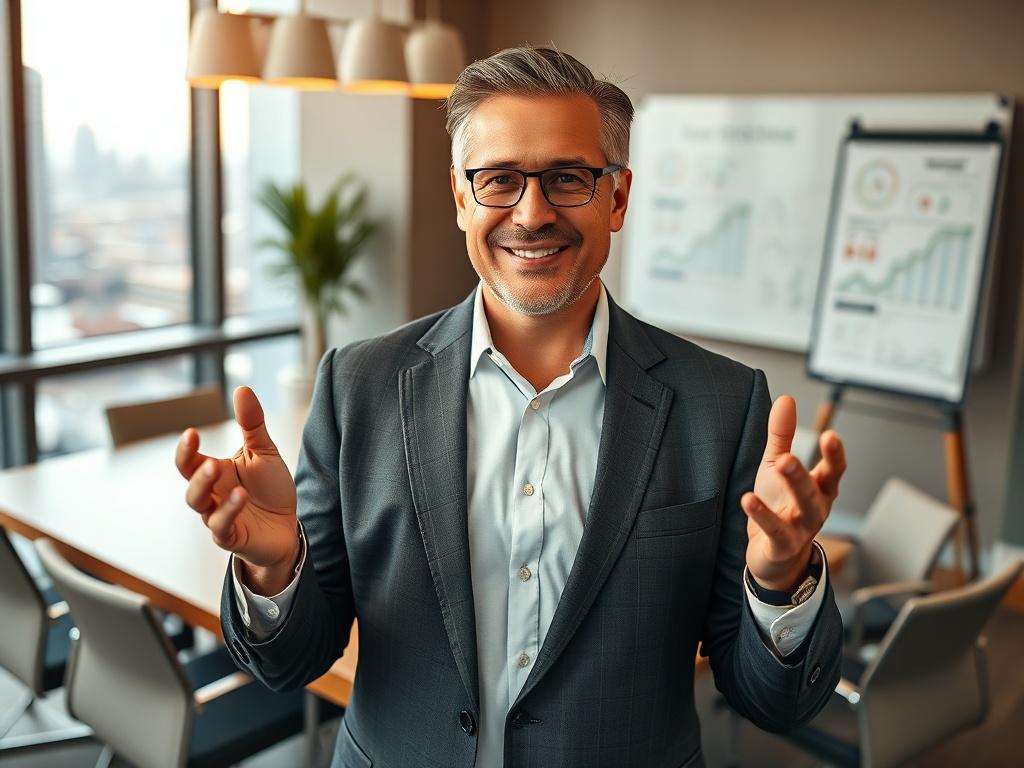Create a realistic high-resolution image of a professional sales coach standing confidently in a modern office setting. The coach should be a middle-aged male with a friendly expression, wearing business attire, and gesturing animatedly as if sharing valuable sales strategies. He should be the sole subject of the image, centered within the frame, creating a strong focal point. 

In the background, include elements that suggest a professional environment, such as a sleek wooden conference table, a large wind