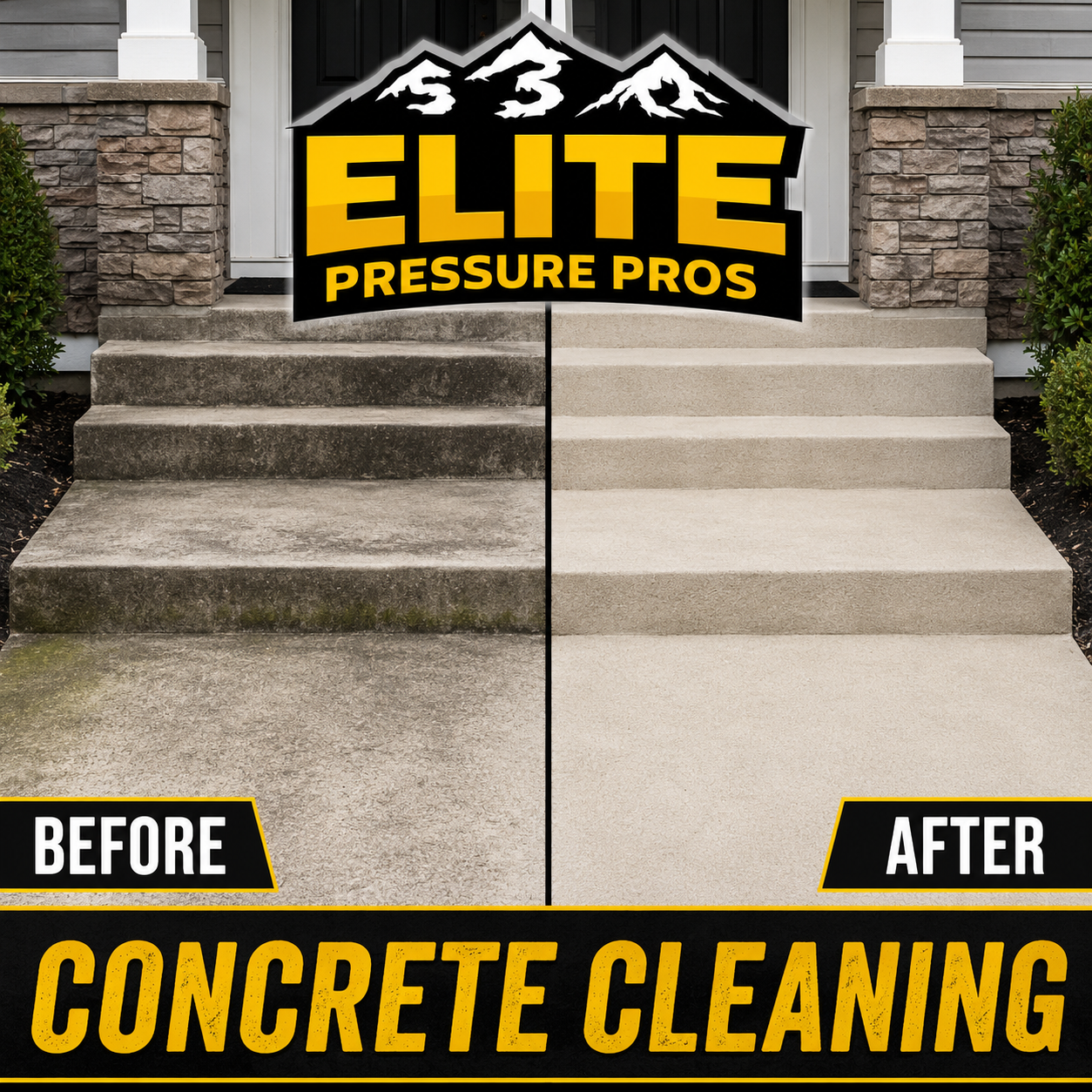 Steps concrete cleaning before and after - Professional driveway results by Elite Pressure Pros