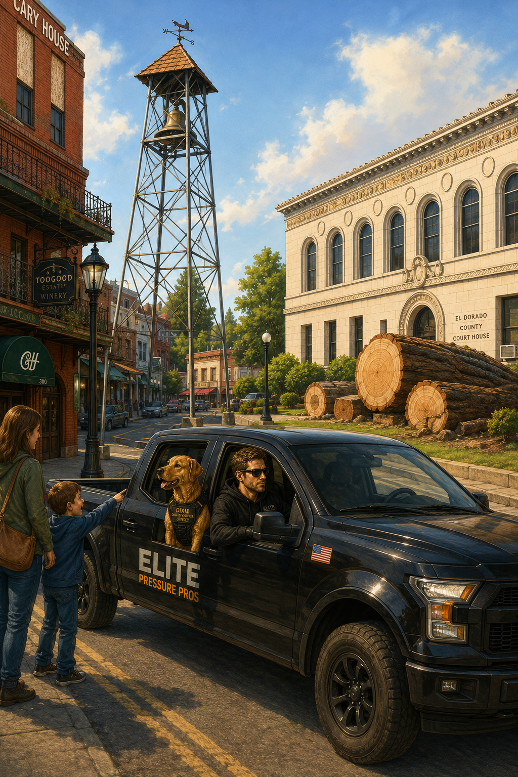 Blooper: Landmark pileup - Bell Tower, courthouse, and lumber yard on same block