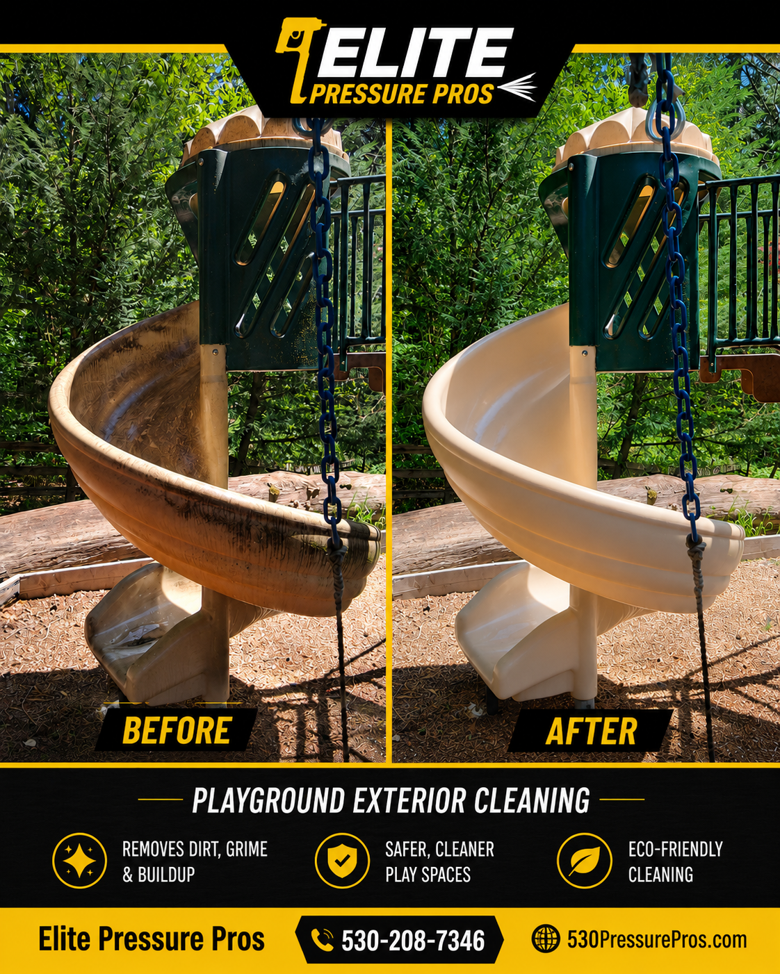 Before and after swingset and playground cleaning in Camino