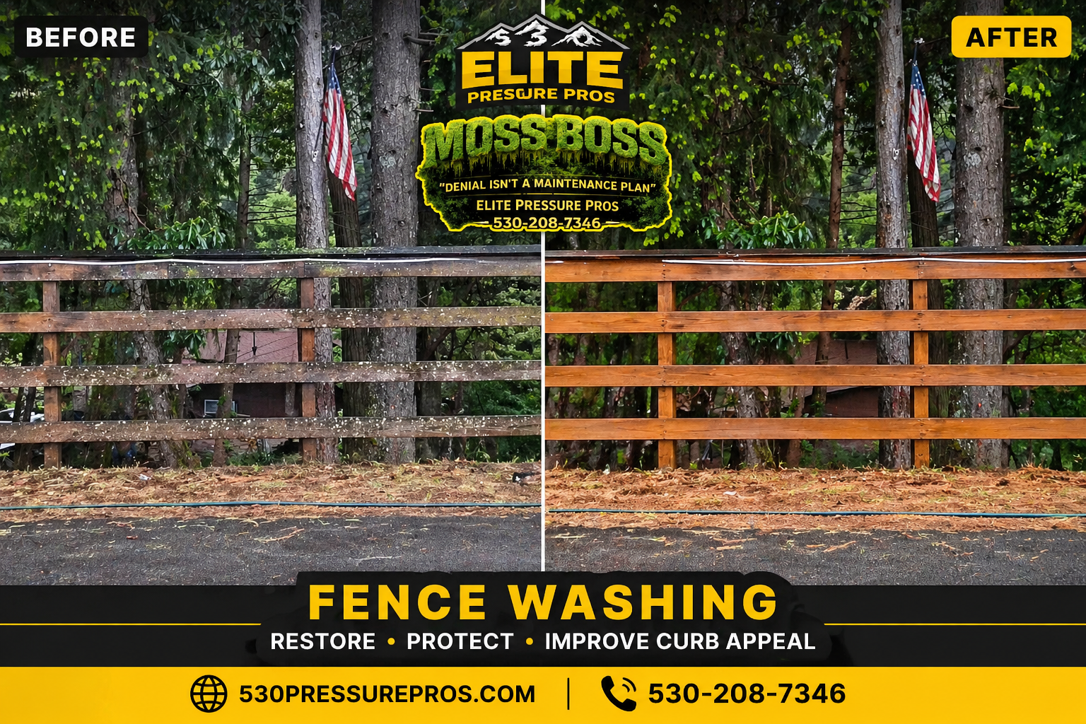 Before and after fence cleaning and restoration in Camino