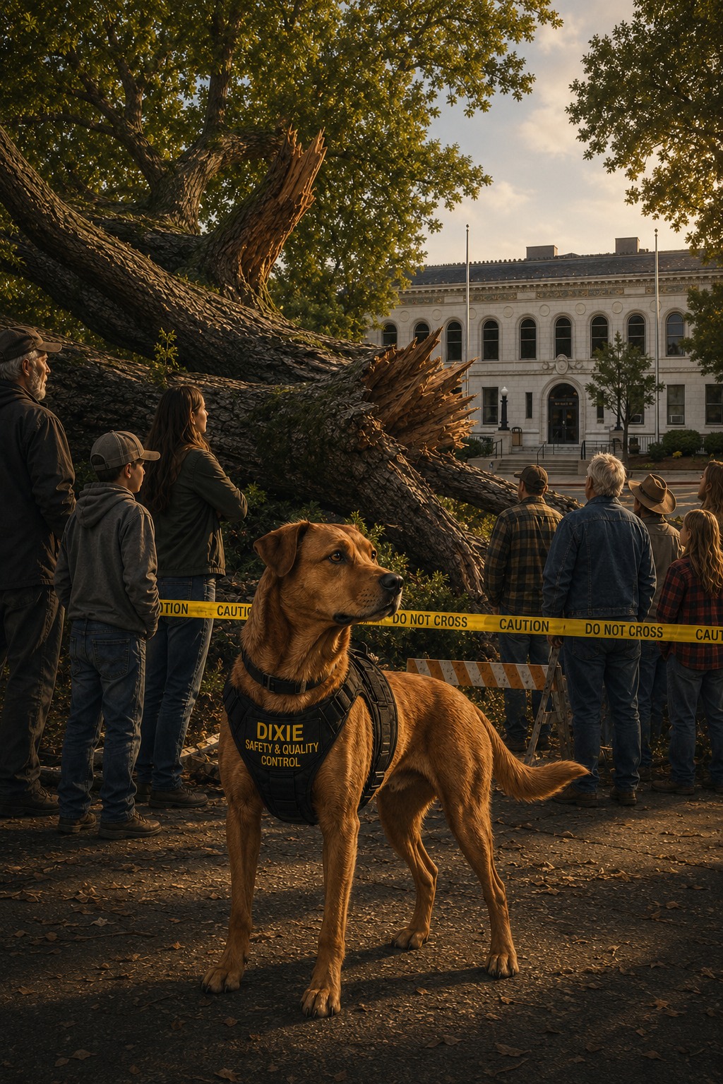 Dixie at the fallen Giant Oak with the El Dorado County Courthouse visible in Placerville