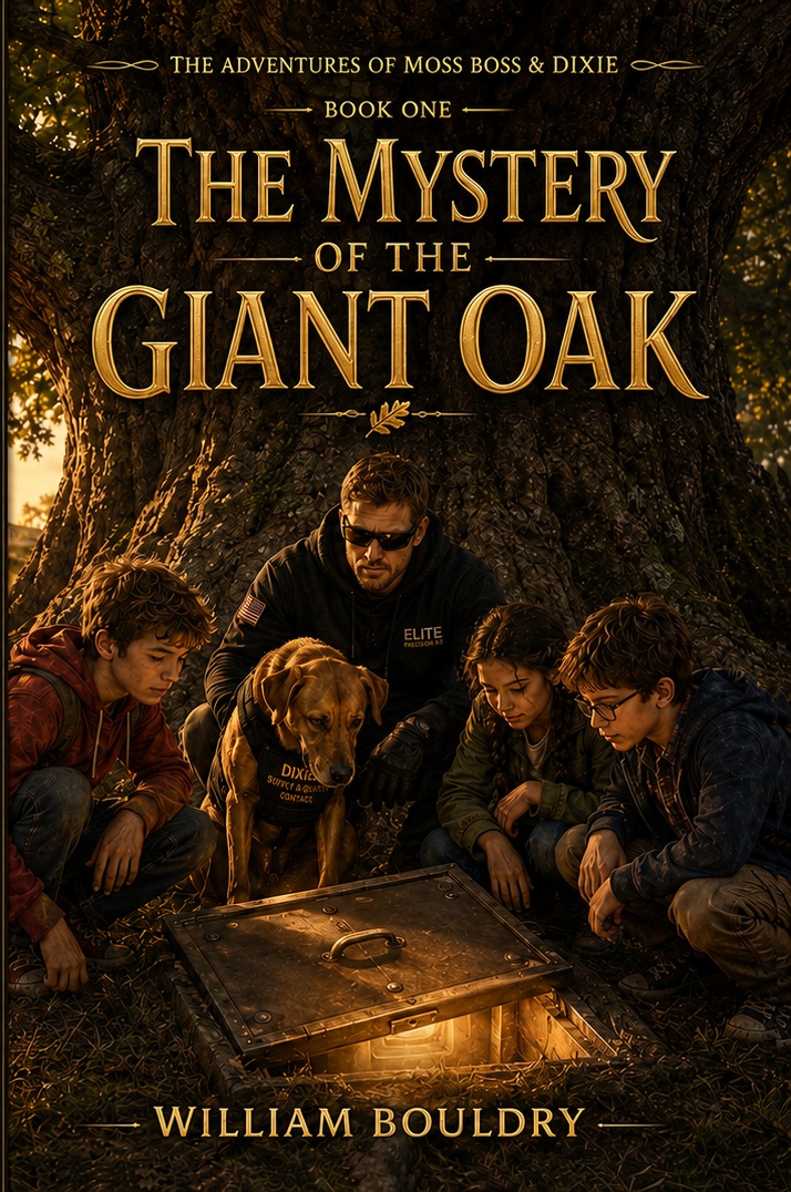 The Adventures of Moss Boss & Dixie: The Mystery of the Giant Oak - front cover featuring Moss Boss, Dixie, the Giant Oak, and Placerville landmarks
