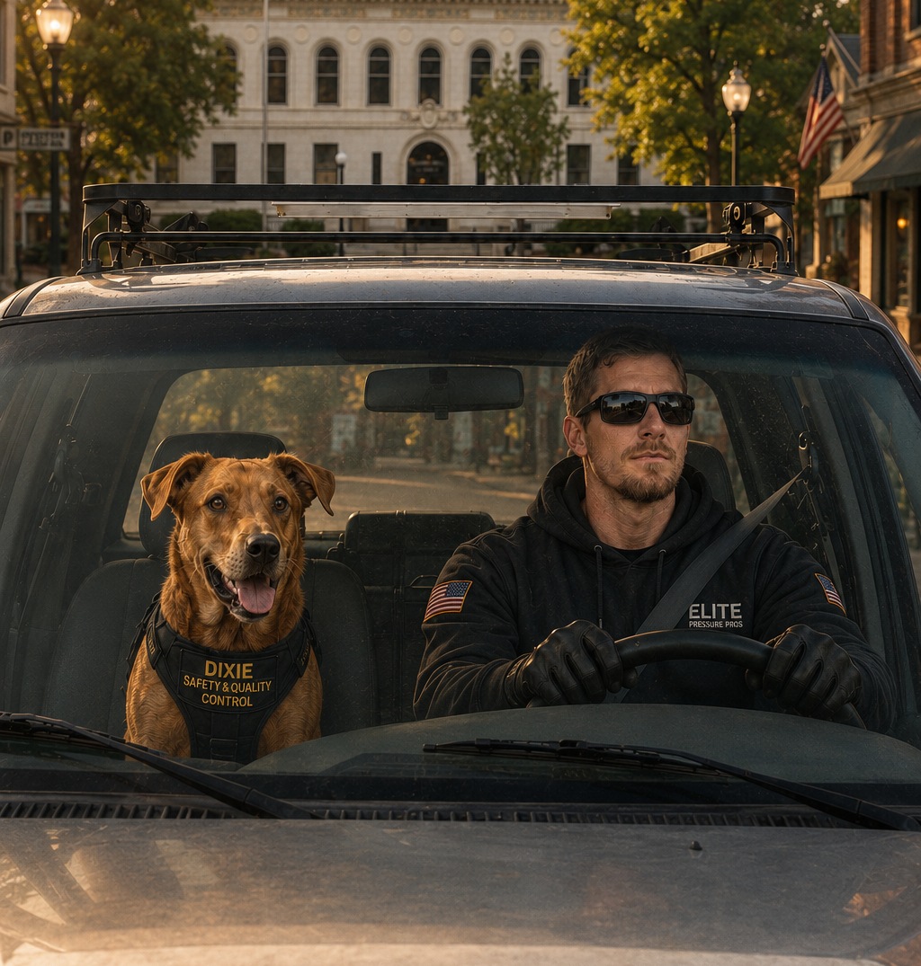 William Bouldry and Dixie with their exterior cleaning truck in Placerville