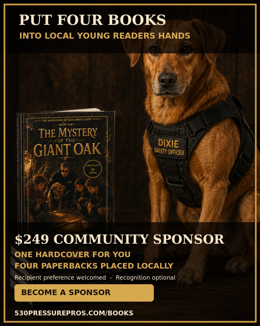 Community Sponsor illustration featuring local Placerville youth and books