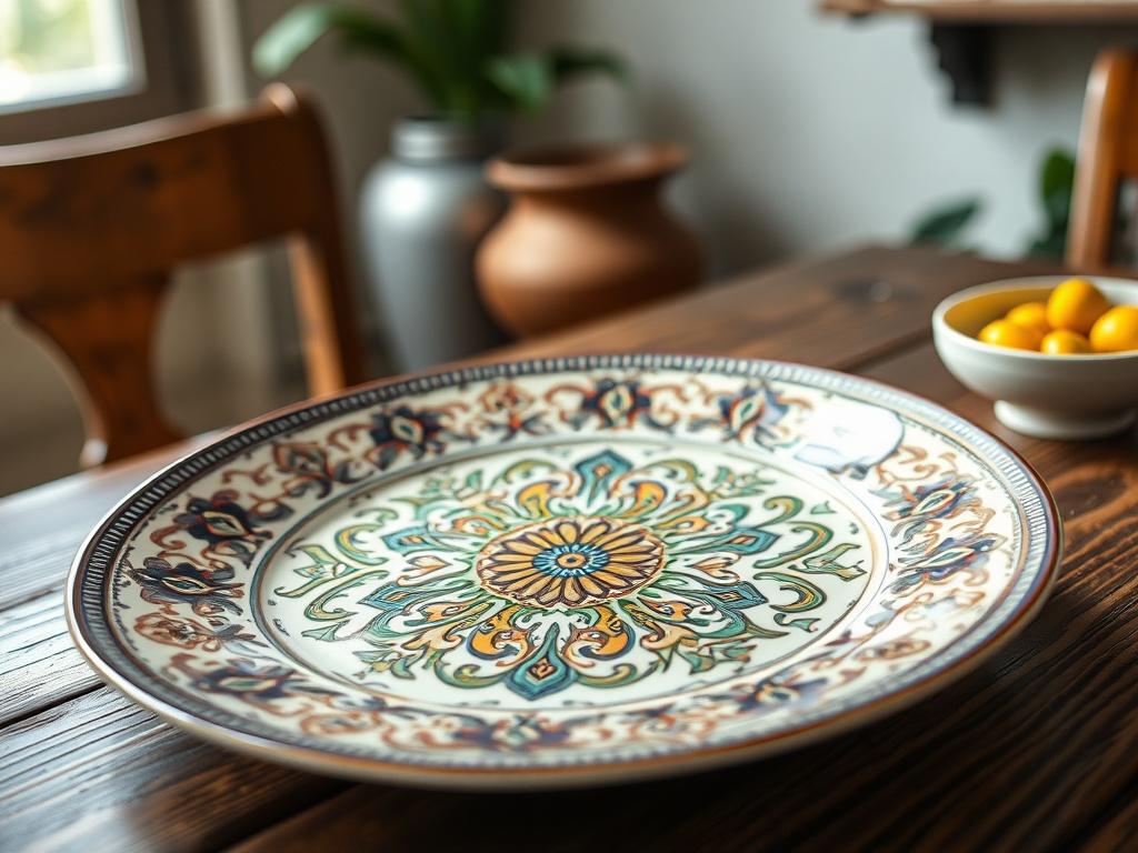 A beautifully designed custom plate featuring intricate patterns and vibrant colors, placed on a rustic wooden table setting. The plate should be the central focus, with soft natural lighting illuminating its details. The background should be softly blurred to emphasize the plate's design, creating an inviting atmosphere.