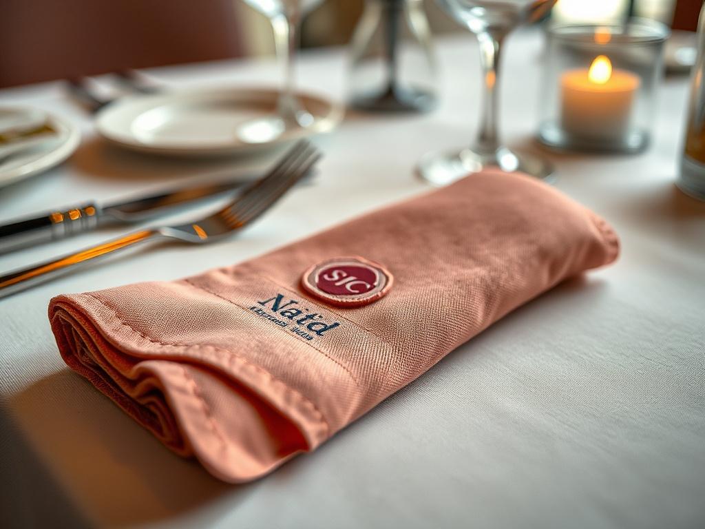 A close-up of a beautifully folded napkin featuring custom branding, elegantly placed on a fine dining table. The napkin should be in a rich color that complements the table setting, with soft lighting highlighting its texture and logo, creating an inviting dining atmosphere.