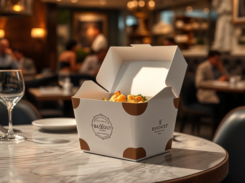 An elegantly designed takeout box featuring custom branding elements, placed on a stylish table with a blurred background of a busy restaurant. The box should be opened slightly to reveal delicious food inside, showcasing the attention to detail in both the packaging and the meal.