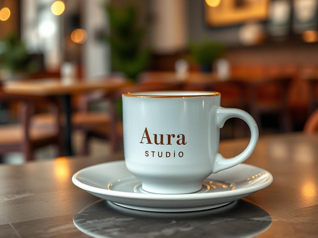 A close-up shot of a simple, elegantly designed coffee mug engraved with the brand name 'Aura Studio', placed on a stylish cafe table. The mug sits on a matching plate, showcasing a minimalistic aesthetic. The background features a softly blurred cafe setting, with hints of greenery and warm, inviting colors. The focus is on the mug and plate, highlighting the craftsmanship and branding, captured with a 45mm f/1.2 lens style.