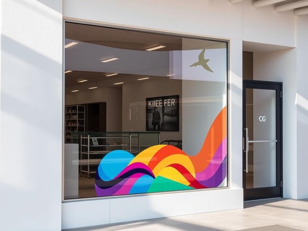 A realistic high-resolution photo of a retail store window adorned with vibrant adhesive vinyl graphics. The window displays a colorful, eye-catching design that reflects the store's branding. The setting is bright and inviting, with natural light illuminating the vinyl. The background features the exterior of the store, showcasing a clean and modern facade, with subtle reflections in the glass. The composition highlights the window as the main subject, emphasizing the creativity and customization of the vi