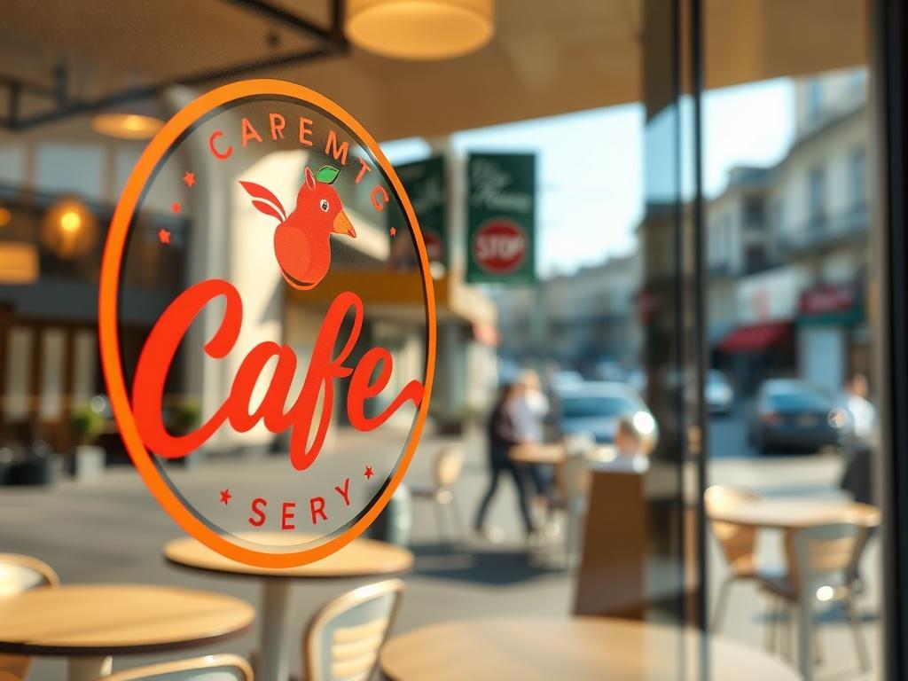 A close-up shot of a cafe window adorned with vibrant adhesive vinyl graphics. The design highlights the cafe's logo and inviting imagery, showcasing a warm, welcoming atmosphere. The window glass reflects sunlight, creating a sense of brightness and openness. The background features a blurred view of a bustling street, emphasizing the cafe's location in a lively urban setting. Shot with a 45mm f/1.2 lens for a hyper-realistic effect.