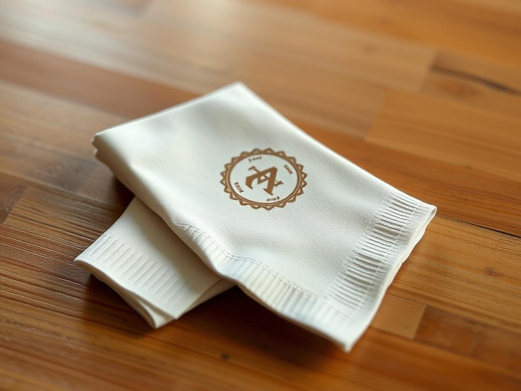 A realistic high-resolution photo of customized restaurant napkins neatly folded on a wooden table. The napkins should showcase elegant designs, featuring subtle patterns and a logo in the center. The background should be softly blurred to emphasize the napkins, creating a warm and inviting atmosphere ideal for dining. The colors should be simple and harmonize with the primary color #CFB07C.