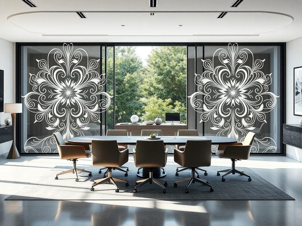 A sophisticated corporate meeting salon featuring large windows adorned with elegant adhesive vinyl designs. The room is well-lit with natural light streaming in, highlighting a modern conference table surrounded by comfortable chairs. The background includes tasteful decor and greenery, creating a professional yet inviting atmosphere. The focus is on the windows, showcasing the intricate vinyl patterns that enhance the space's branding and aesthetic appeal.