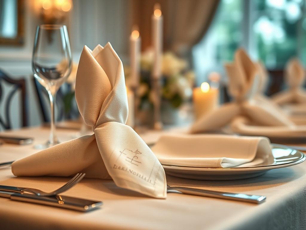 A close-up shot of elegantly folded personalized napkins and table linens on a beautifully set dining table. The linens should feature a tasteful design that complements the overall table setting, with soft lighting enhancing the textures and colors. The background should be blurred to create a focus on the napkins and linens.