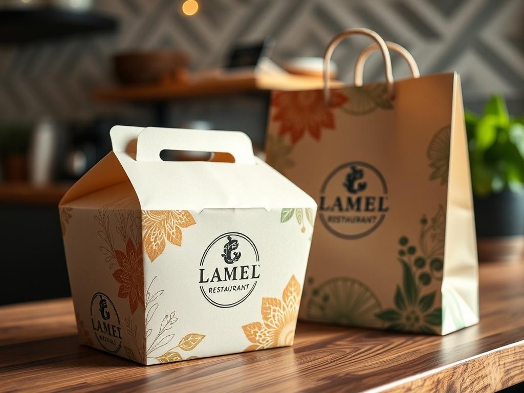 A close-up shot of beautifully designed custom packaging for a restaurant, including a stylish takeout box and branded paper bags, placed on a wooden countertop. The packaging should feature vibrant colors and elegant designs that reflect the restaurant's brand identity, with a soft-focus background that highlights the details of the packaging.