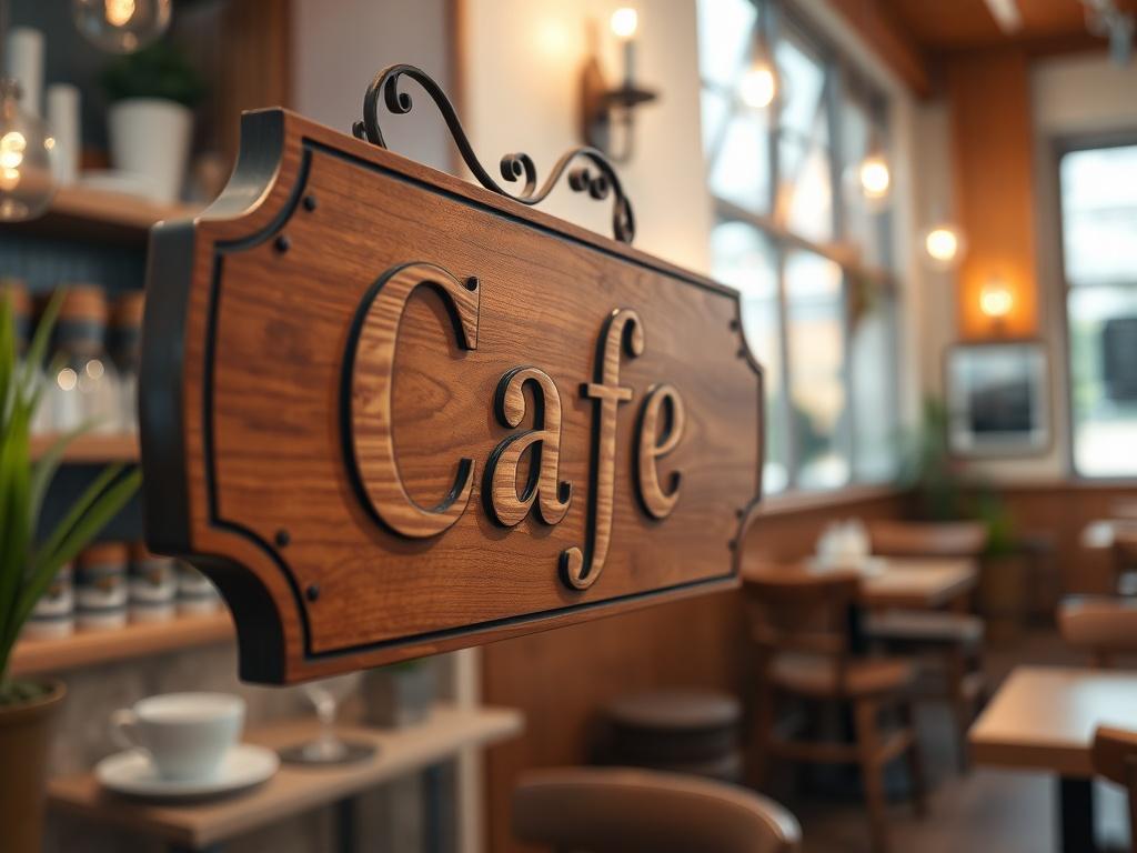 A hyper-realistic close-up shot of a beautifully crafted personalized cafe sign. The sign is made of elegant wood with intricate engravings displaying the cafe's name in stylish lettering. The background features a softly blurred interior of a cozy cafe, with warm lighting and wooden accents, creating an inviting atmosphere. The focus is on the sign, capturing the fine details of the wood grain and the craftsmanship involved in the personalization.