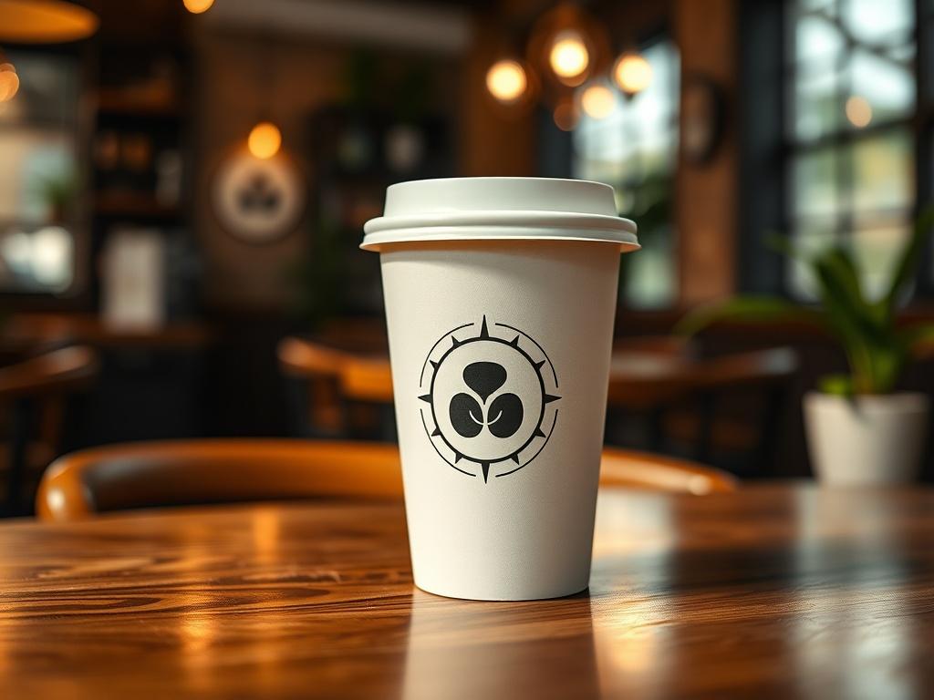 A hyper-realistic close-up shot of a customized to-go coffee cup designed for a local restaurant. The cup features an elegant and modern design, showcasing the restaurant's unique branding and logo. The cup is placed on a wooden table, with a soft focus background of a cozy, inviting café ambiance, hinting at a warm, welcoming atmosphere. The color scheme should harmonize with the primary color #FF6E4E, emphasizing the cup's details without any text or abstract shapes.