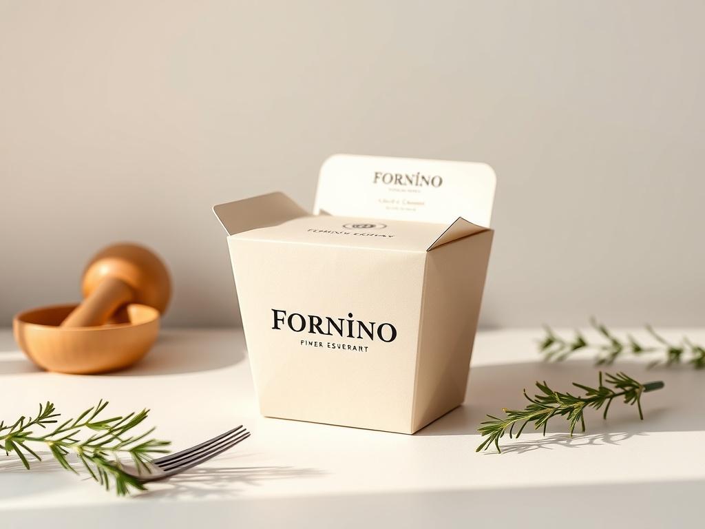 A realistic high-resolution photo of a customized take-out packaging designed for a restaurant named Fornino. The packaging features a unique and elegant design, showcasing the restaurant's logo prominently. The box is made of high-quality, eco-friendly material, with a clean and minimalistic aesthetic. The background is soft and neutral, emphasizing the packaging as the focal point. The scene should convey a sophisticated dining experience even for take-out, with subtle shadows to enhance depth.
