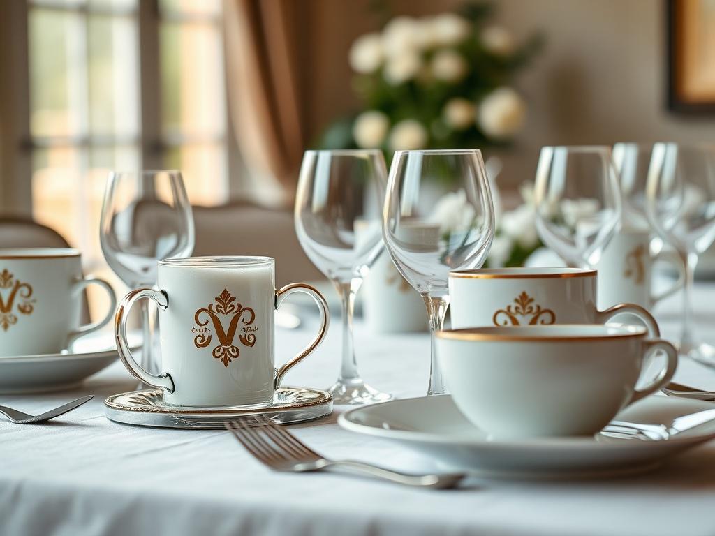 A stunning close-up shot of a beautifully set table featuring custom event tableware. The tableware includes elegant mugs, plates, and glassware, each showcasing unique designs tailored for a special event. The background is softly blurred to emphasize the table setting, creating a warm and inviting atmosphere. The color palette reflects #FF6E4E, adding a touch of vibrancy to the scene, with natural lighting enhancing the textures and details of the tableware.