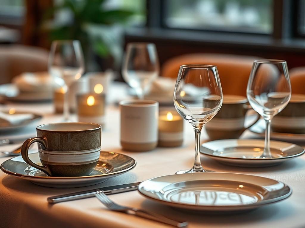 A close-up shot of an elegantly set table featuring bespoke tableware designed for a restaurant. The table includes beautifully crafted plates, mugs, and glassware, all arranged artfully with a soft, warm background. The lighting highlights the textures and colors of the tableware, emphasizing luxury and attention to detail. The composition focuses solely on the table setting, creating an inviting and sophisticated ambiance.