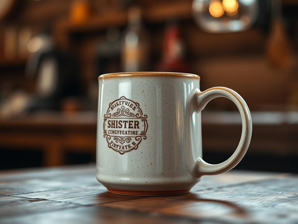 A close-up shot of a beautifully crafted custom engraved mug, showcasing a logo on its side, placed on a rustic wooden table. The background is softly blurred to emphasize the mug, with warm lighting that highlights the ceramic texture and colors, creating an inviting atmosphere.