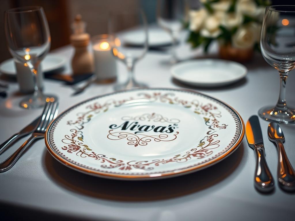 A close-up shot of a beautifully designed custom plate featuring a unique logo and artistic embellishments, placed on a dining table set with elegant cutlery. The background includes soft, ambient lighting that accentuates the plate's details and colors, creating a sophisticated dining atmosphere.