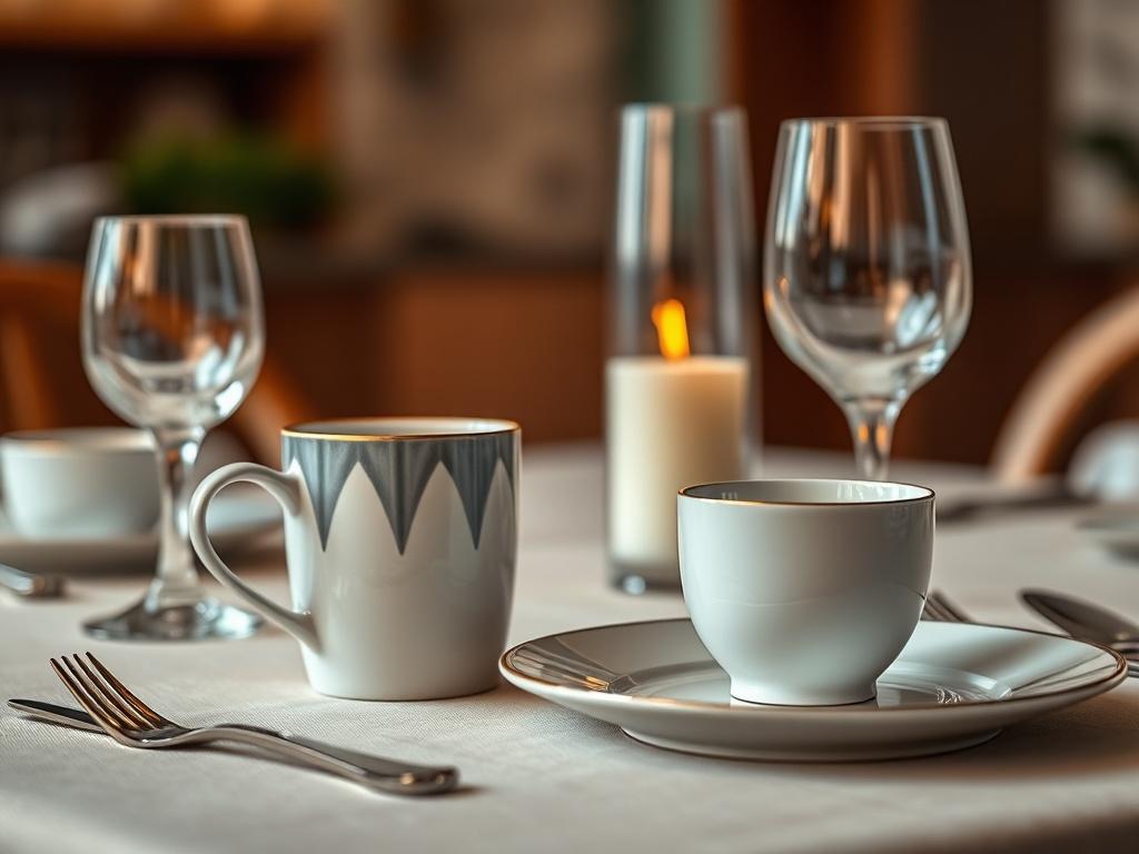 A close-up shot of bespoke tableware including a beautifully designed plate, a mug, and glassware arranged elegantly on a table. The background is softly blurred to highlight the details of the tableware, with a warm, inviting ambiance. The primary color #FF6E4E subtly appears in the table setting, enhancing the overall aesthetic.