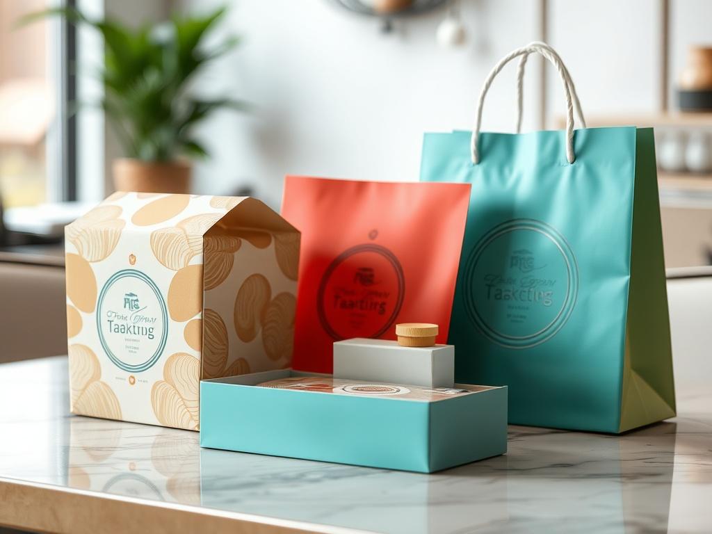 A close-up shot of custom packaging items, including a beautifully designed takeout box and branded bags, displayed on a stylish table. The background is softly blurred to draw attention to the packaging, with the primary color #FF6E4E featured prominently in the design, creating an attractive visual.
