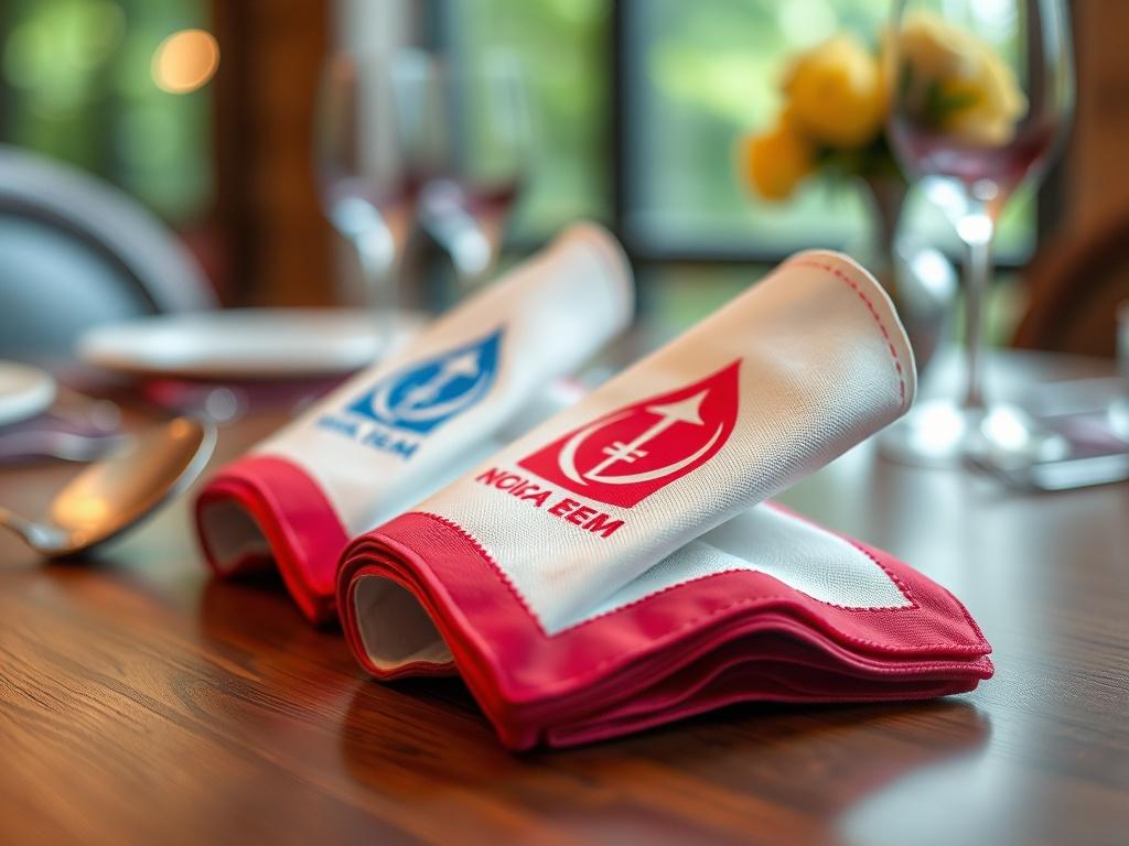 A close-up shot of personalized napkins elegantly folded on a dining table, featuring vibrant colors and a logo prominently displayed. The background is softly blurred to emphasize the napkins’ design. The primary color #FF6E4E is incorporated in the table setting, creating a harmonious and inviting atmosphere.